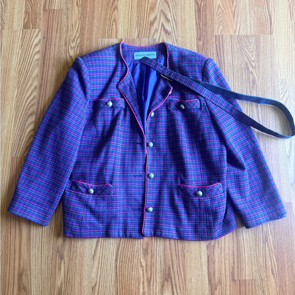 Vintage Diane Freis Purple Plaid Button Front Jacket